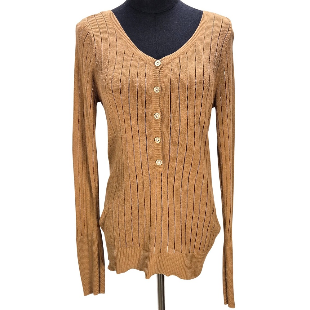 Women's Y2K Ruehl No. 925 Medium Tan Cotton Cashmere Pointelle Henley Knit Top